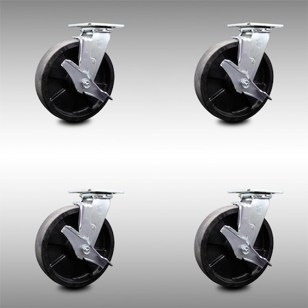 8 Inch SS Glass Filled Nylon Caster Set With Roller Bearings & Brake/Swivel Lock